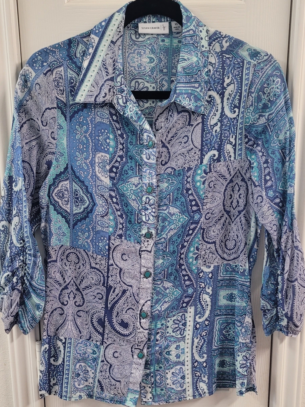 Susan Graver Blue Paisley Button-Front Women’s Shirt